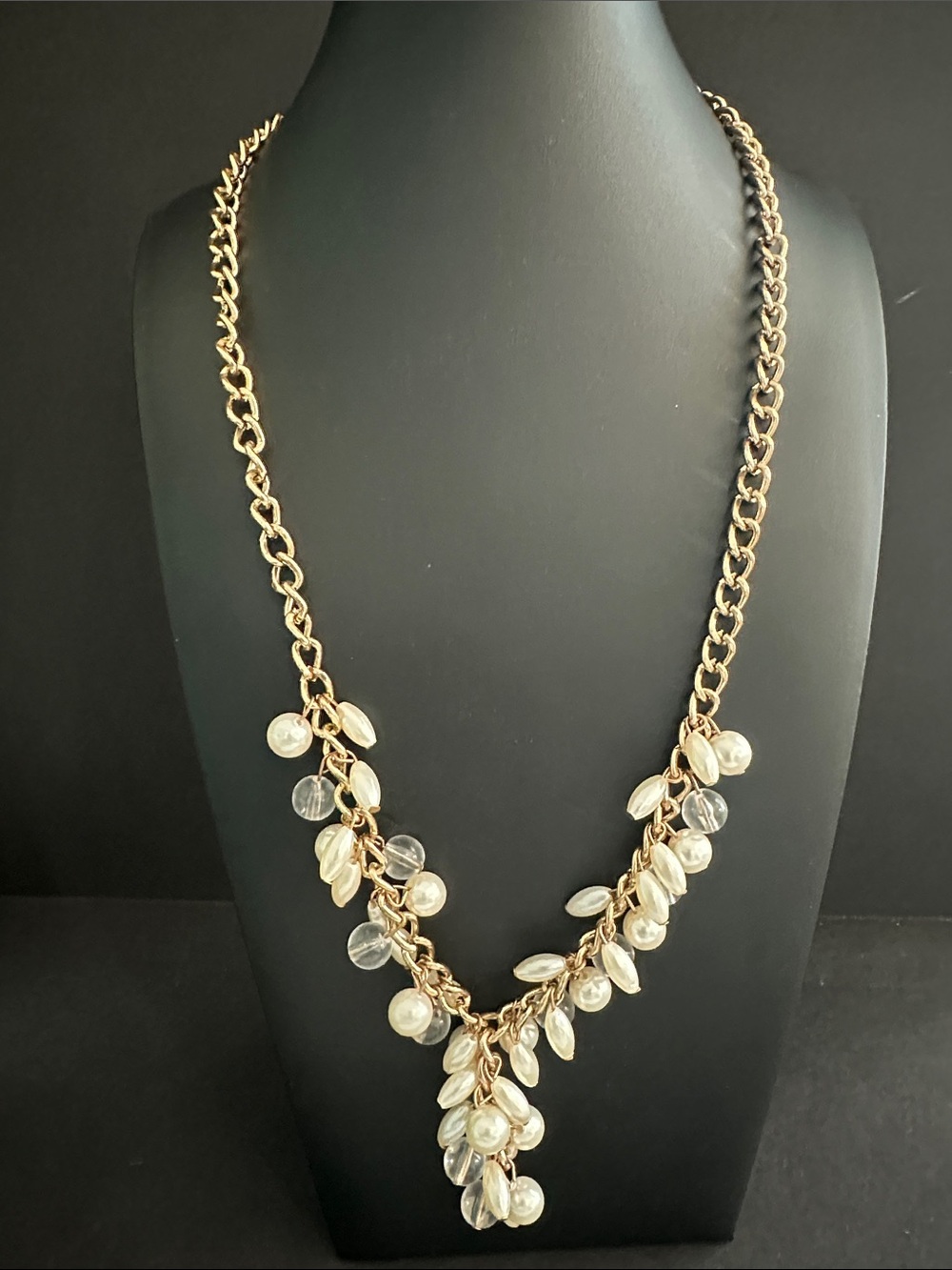 Gold Chain Necklace with Pearl and Clear Bead Accents